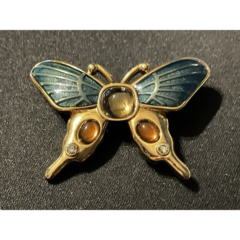 Vintage Monet Signed Enamel And Glass Cabochone Gold Tone Brooch
